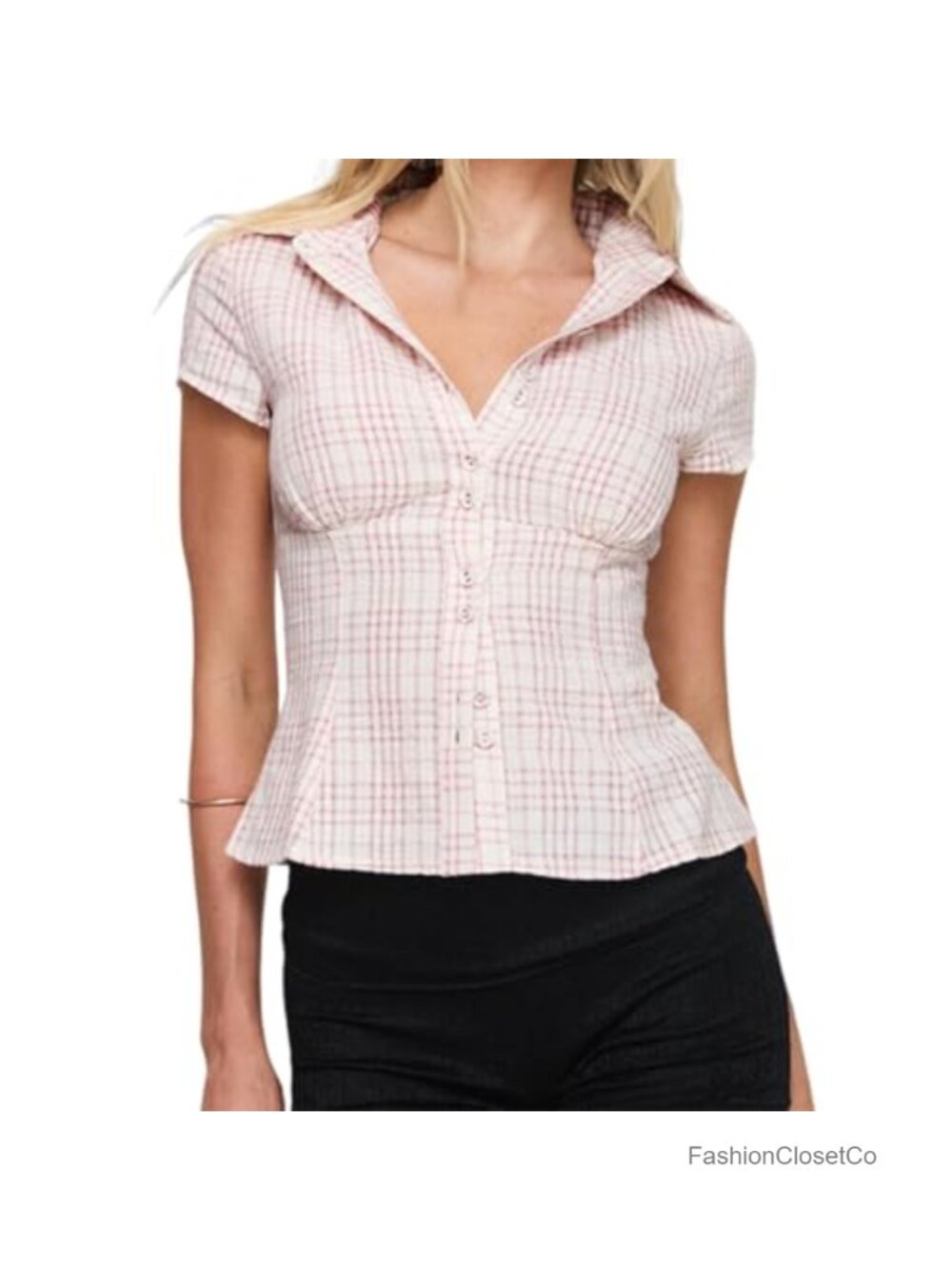 Women's Plaid Button Down Crop Top Short Sleeve V Neck